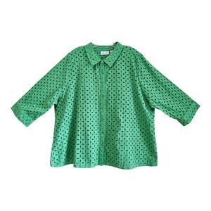 DENIM & CO Women Plus 3X Blouse Green Embroidered Eyelet Buttons 3/4 Sleeve 54"